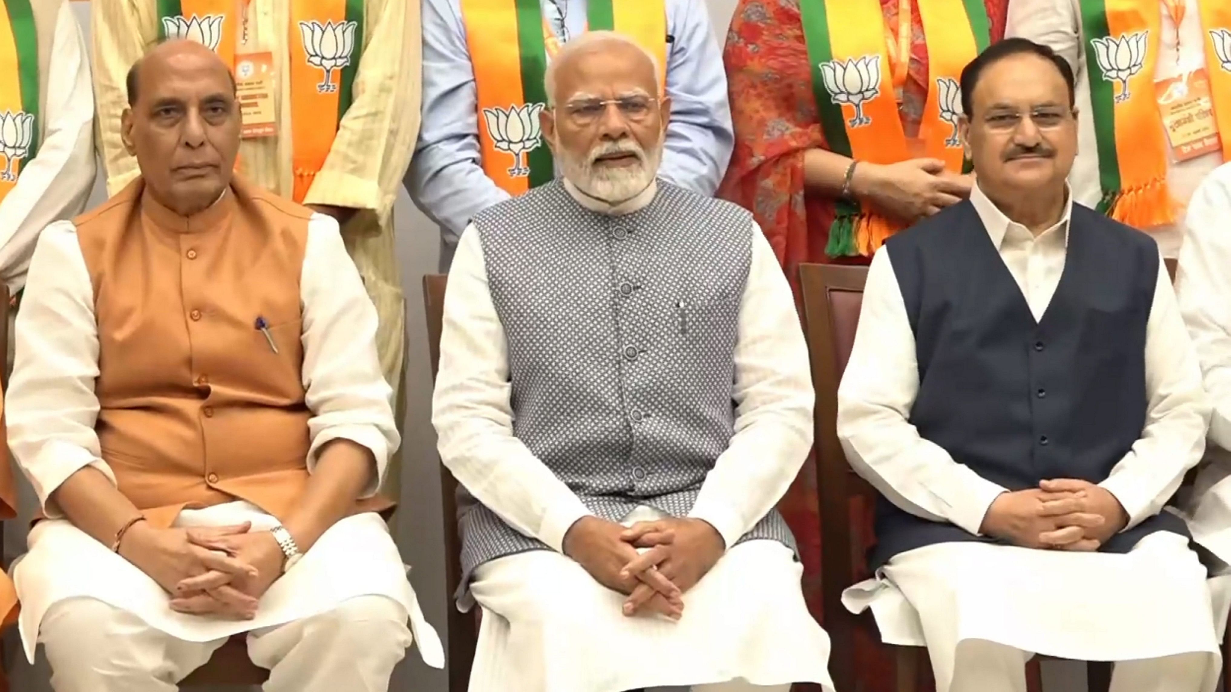 <div class="paragraphs"><p>Prime Minister Narendra Modi with Defence Minister Rajnath Singh and Union Home Minister Amit Shah during a meeting with Chief Ministers of the NDA-ruled states, at BJP headquarters, in New Delhi, Sunday, July 28, 2024.</p></div>